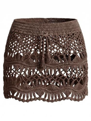 CUPSHE Women Crochet Coverup Skirt Drawstring Knit Mini Skirt Coverup for Swimwear Peacock Coffee, XL | Amazon (US)