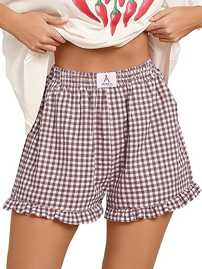 ANRABESS Womens Ruffle Boxer Shorts Pajama Gingham Shorts Summer Casual Lounge Sleep Plaid Beach ... | Amazon (US)