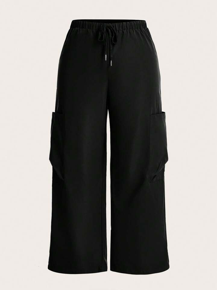 ROMWE PUNK Plus Flap Pocket Drawstring Waist Wide Leg Pants | SHEIN