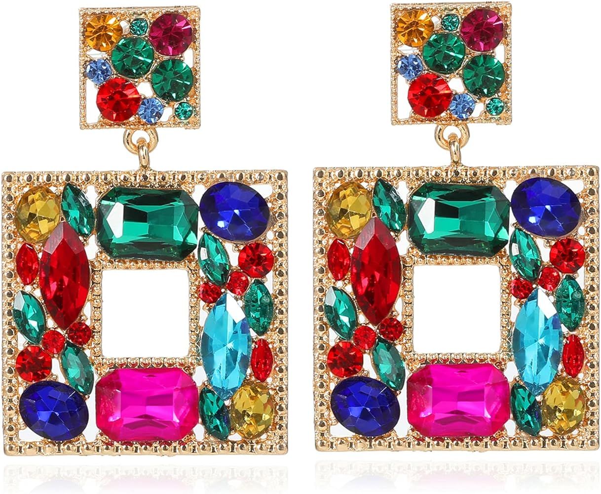 Canboer Rhinestone Square Statement Dangle Earrings Trendy Crystal Geometric Drop Earrings Hypoal... | Amazon (US)
