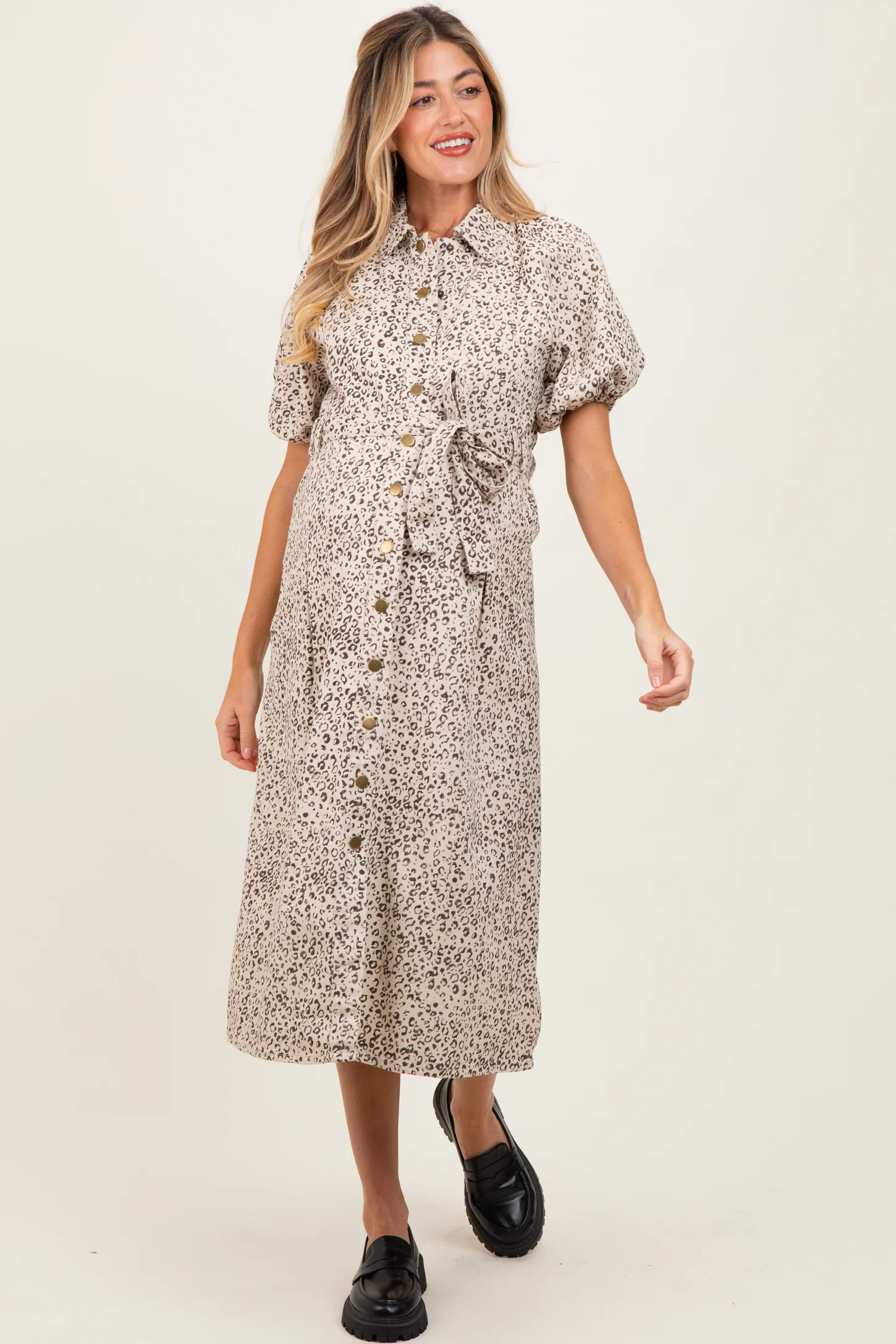 Cream Floral Button Front Waist Tie Maternity Midi Dress | PinkBlush Maternity