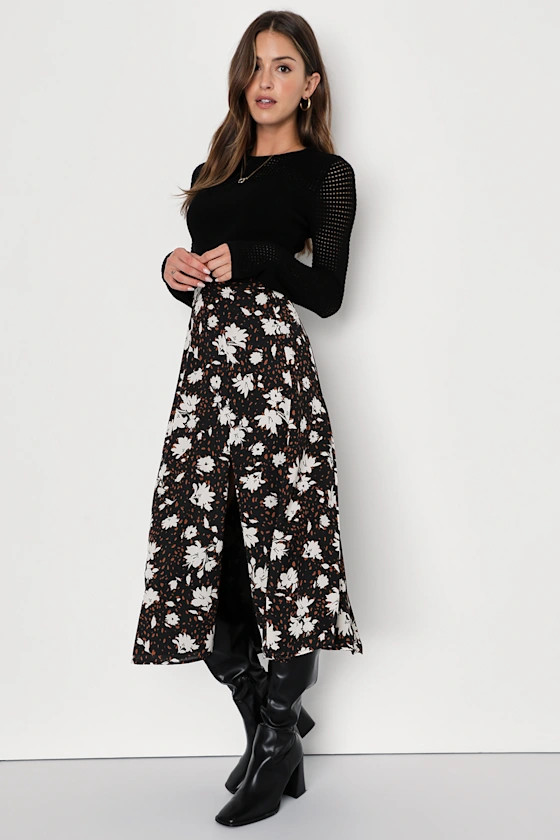 Always Praiseworthy Black Floral Print Midi Skirt | Lulus
