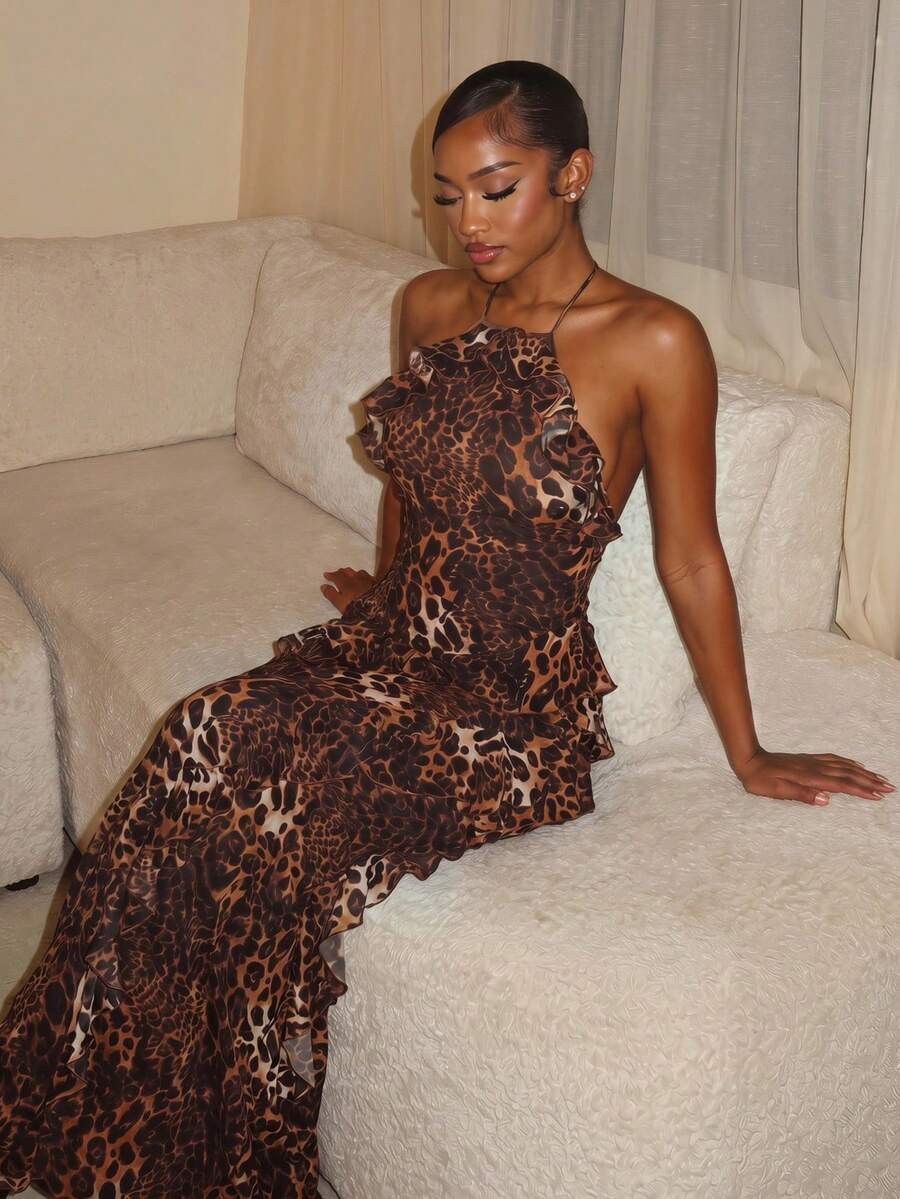 Lumalex Leopard Print Halter Maxi Dress,Shades Of Brown,Summer,Seductive,Date Night Night Out Par... | SHEIN