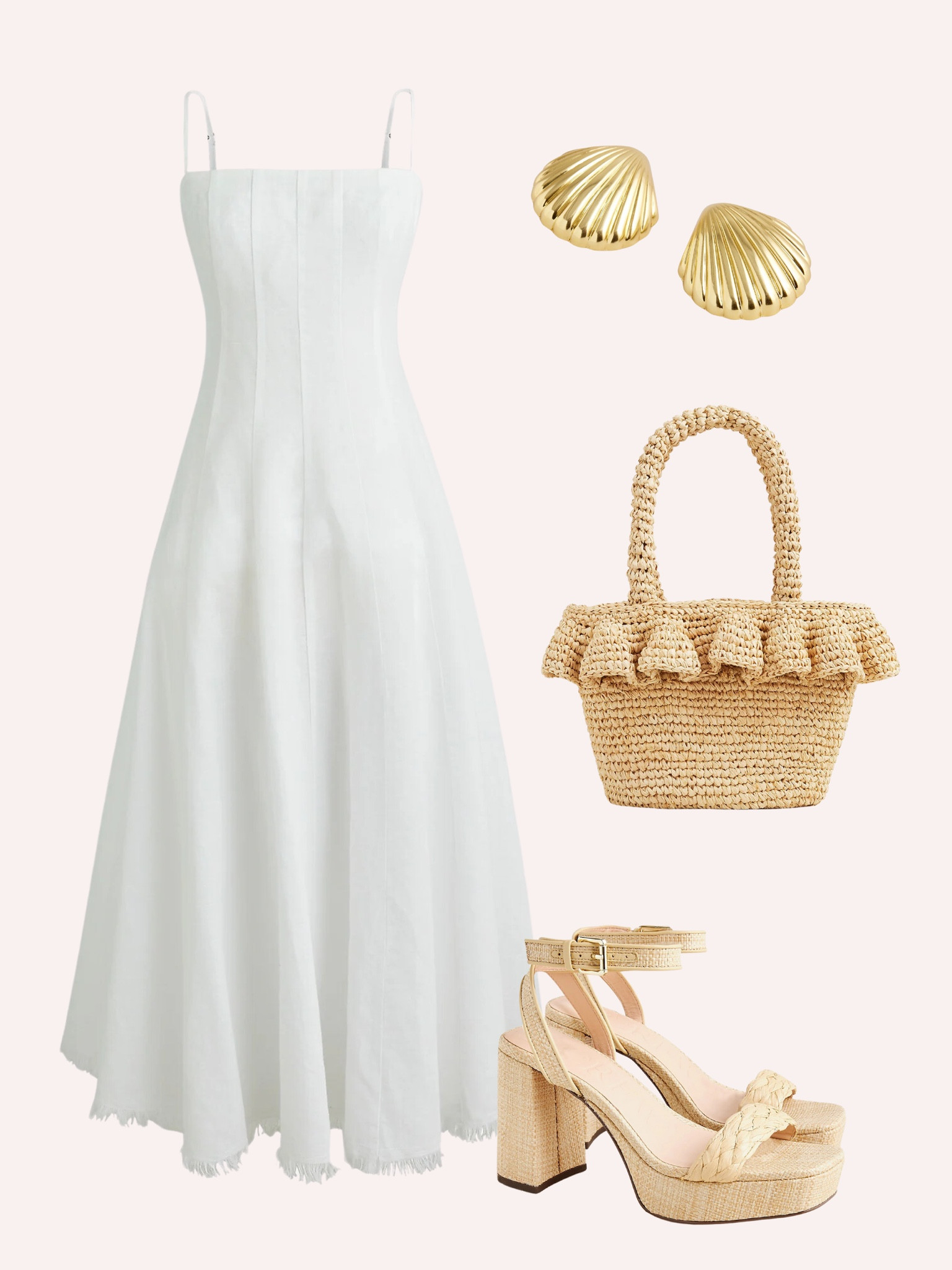 New arrival for spring and summer! White midi flare dress, raffia platform sandals, raffia ruffle bag, shell earrings

#LTKover40 #LTKstyletip #LTKshoecrush