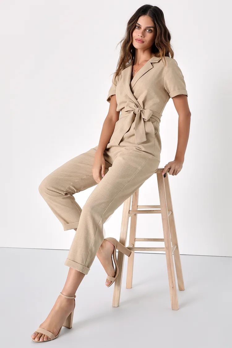 Sensible Sensation Beige Tie-Front Short Sleeve Jumpsuit | Lulus (US)