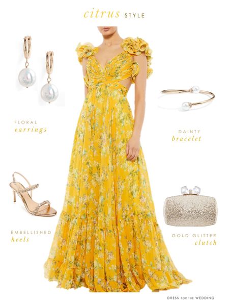 Yellow Mac Duggal gown for a wedding guest outfit or bridesmaid dress. Follow Dress for the Wedding for more! wedding guest dresses, bridesmaid dresses, wedding dresses, mother of the bride dresses, cute outfits, affordable dresses, dresses under 100. 

#LTKSeasonal #LTKMidsize #LTKWedding