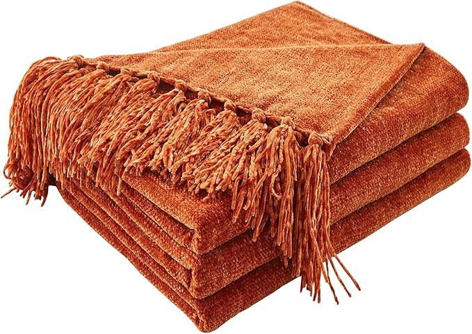CozeCube Chenille Throw Blanket for Couch, Cozy Plush Fuzzy Decorative Rust Orange Blanket with F... | Amazon (US)