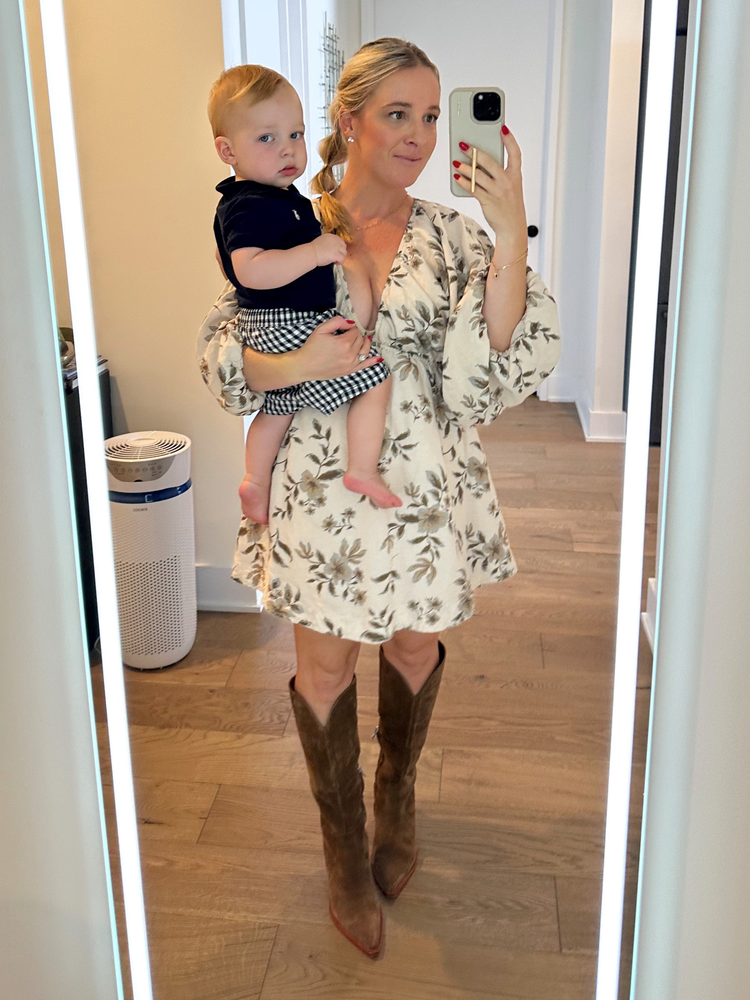 Fall dress with balloon sleeves. runs a bit big, so I would size down.  Fabric is a linen blend, so fairly breathable. 

Knee high brown boots are so comfy!! Perfect shade of dark brown. I sized up a 1/2. 

Cowboy boots, fall dress, fall outfit 

#LTKshoecrush #LTKbaby