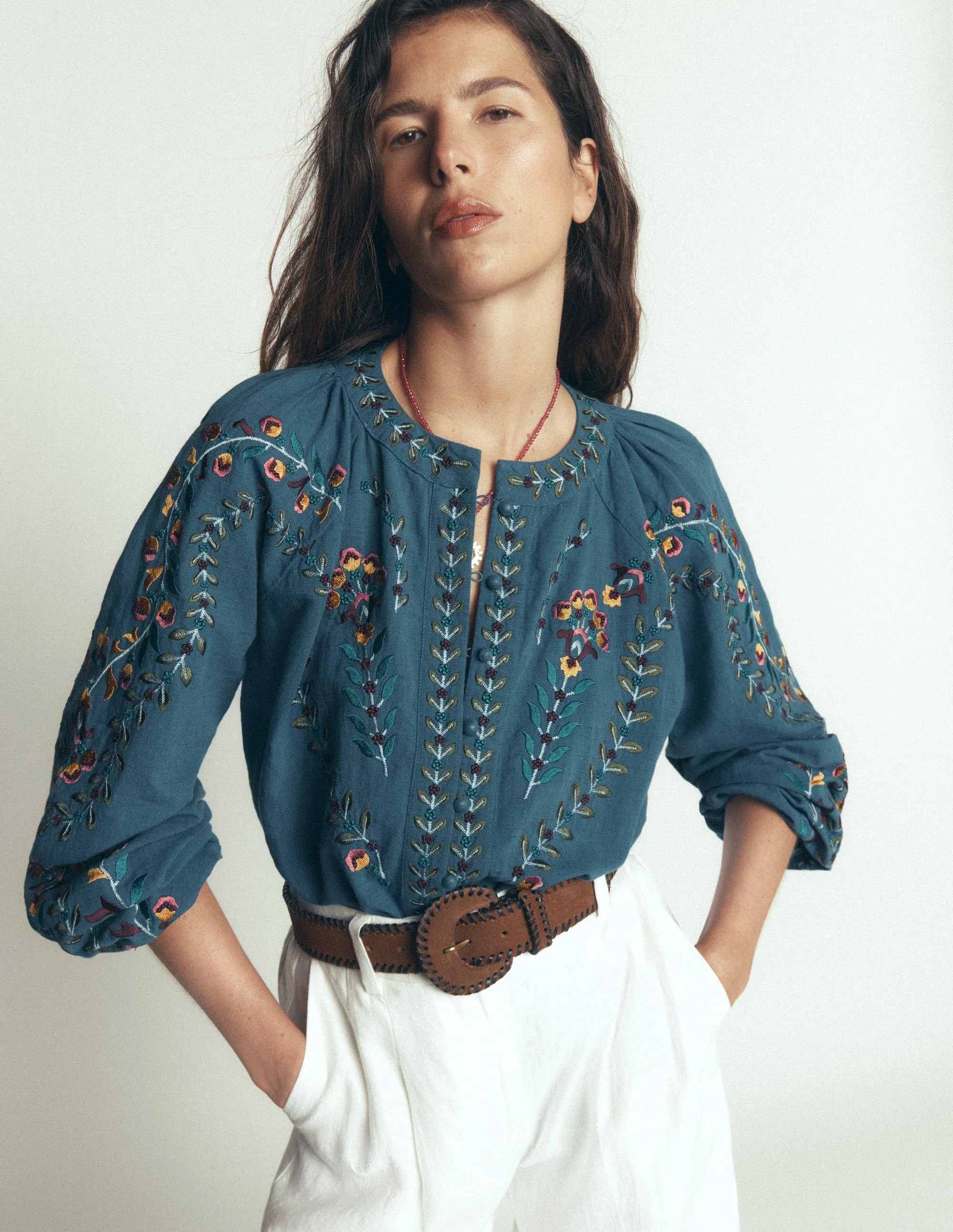 Raglan Embroidered Top-Mid Blue | Boden (US)