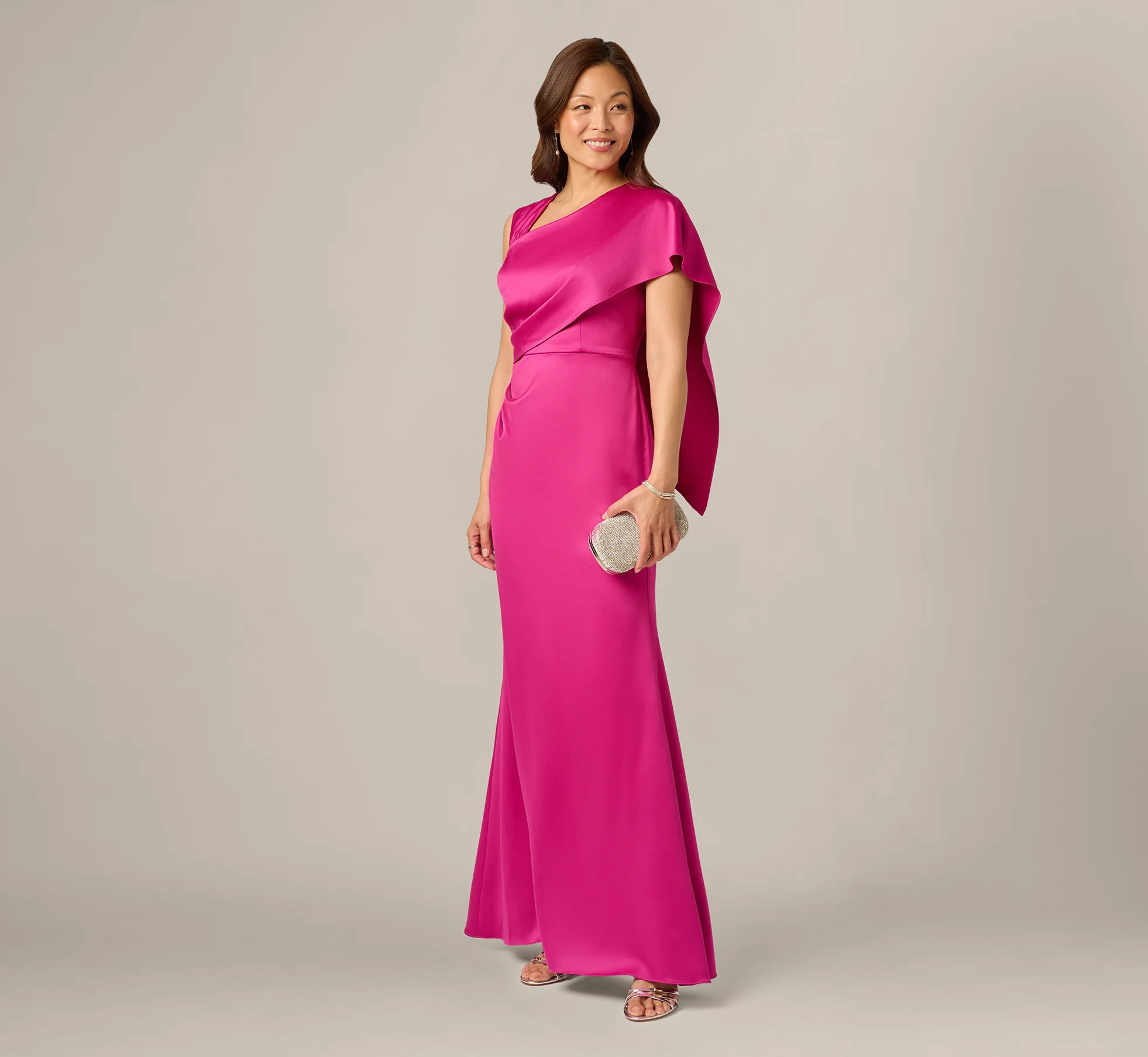 Asymmetrical Draped Satin Cape Gown In Berry Rose | Adrianna Papell