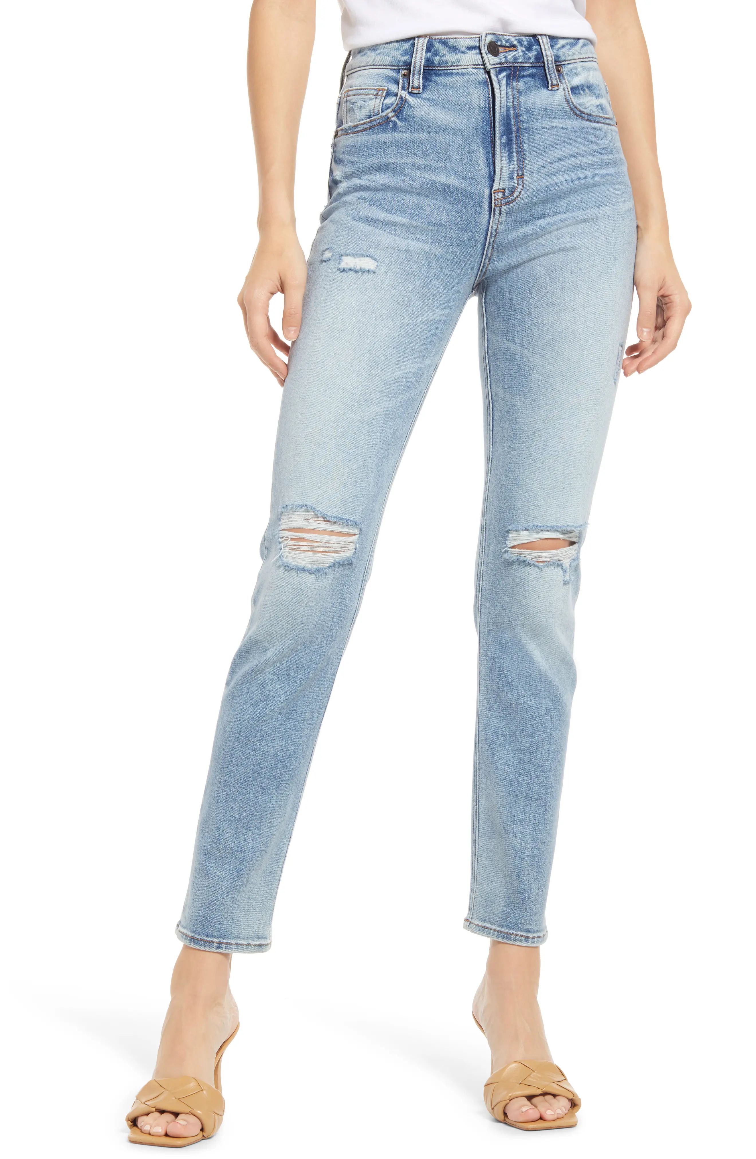 HIDDEN JEANS Ripped High Waist Tapered Mom Jeans in Light Wash at Nordstrom, Size 24 | Nordstrom