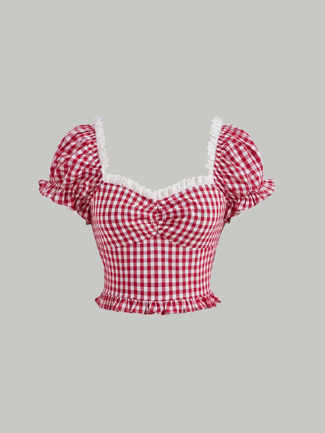 SHEIN MOD Gingham Print Ruched Bust Frill Trim Crop Top | SHEIN