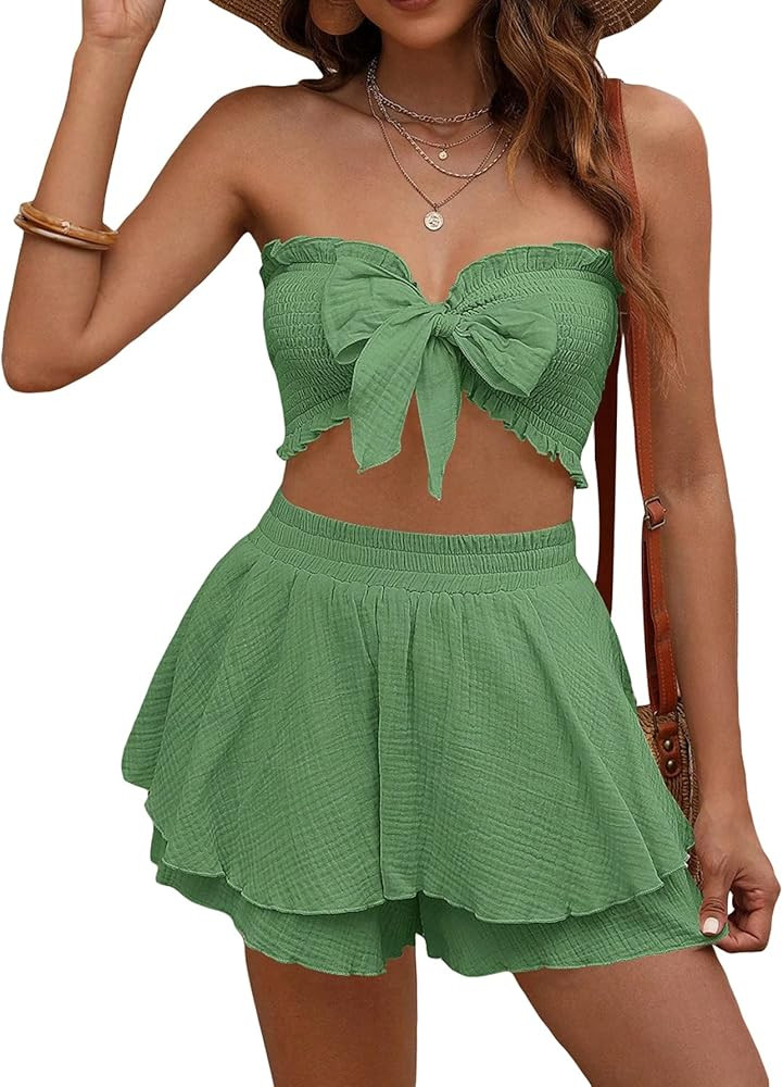 Verdusa Women's 2 Piece Beach Outfit Sleeveless Shirred Tube Top and Ruffle Shorts Sets | Amazon (US)