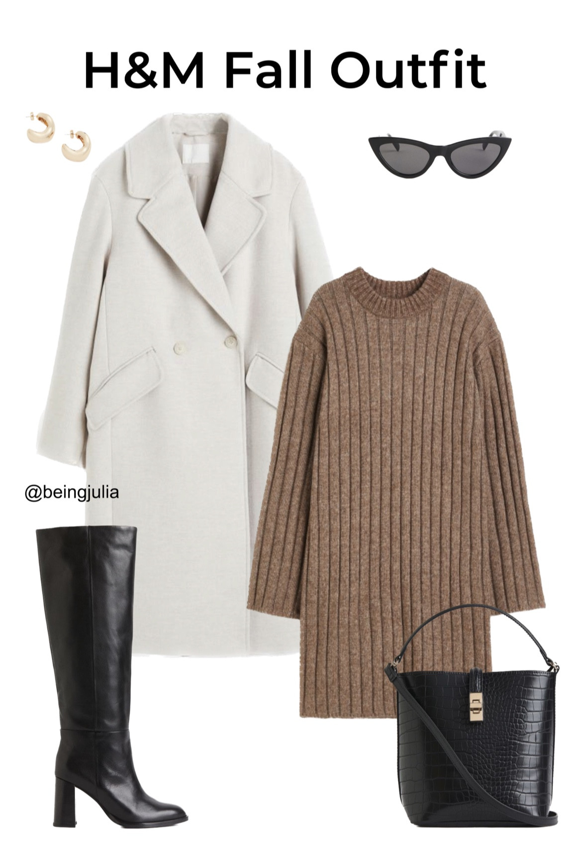 H&M fall outfit! Details below:

-Double breasted long coat in light beige. Calf-length, double-breasted coat in woven fabric. Notched lapels, buttons at front, and welt front pockets with flap. Lined.
-Rib lint dress in dark beige. Loose-fit, knee-length dress in a soft rib knit. Round neckline, dropped shoulders, and long sleeves.
-Knee high black leather boots. Knee-high boots in leather with pointed toes and covered block heels. Leather lining. Heel height 3 1/4 in.
-Crossbody black bag in a crocodile pattern. Crossbody bag with a detachable shoulder strap, short handle, and a tab at top with metal fastener. Lined.
-Gold hoop earrings. 
-Black Cate eye sunglasses. 


#LTKfindsunder100 #LTKSeasonal #LTKstyletip
