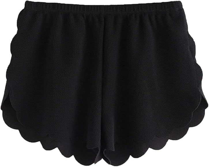 Women's Casual Solid Elastic Waist Scalloped Fitted Summer Beach Lounge Shorts | Amazon (US)