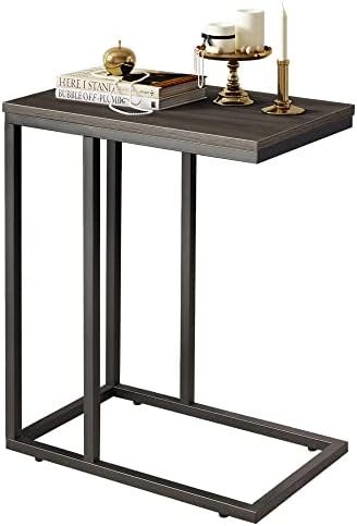 WLIVE Snack Side Table, C Shaped End Table for Sofa Couch and Bed, Gray and Black | Amazon (US)