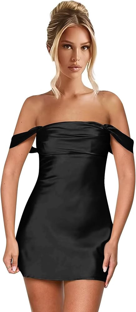 Amazon.com: enetly Satin Off Shoulder Red Short Homecoming Dresses for Teens Tight Open Back Grad... | Amazon (US)