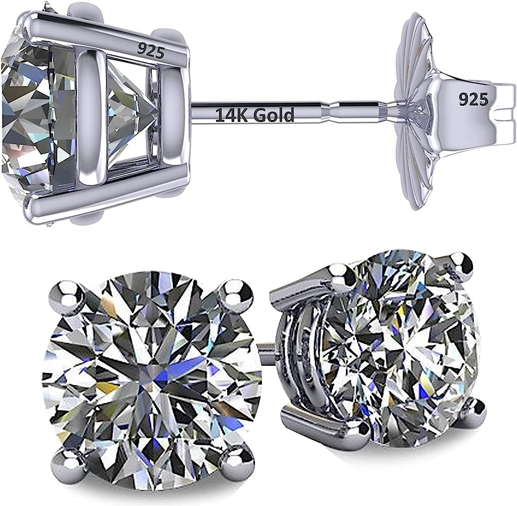 14K Solid Gold Post & Sterling Silver 4 Prong Pure Brilliance Zirconia CZ Stud Earrings 1.00ctw -... | Amazon (US)