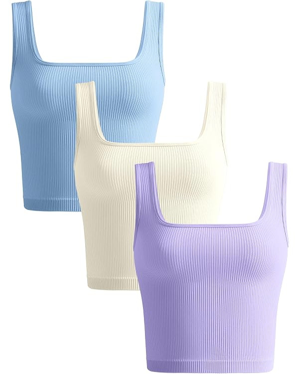 OLCHEE Womens 3 Pack Crop Tank Tops Basic Seamless Ribbed Sleeveless Square Neck Workout Top Summ... | Amazon (US)