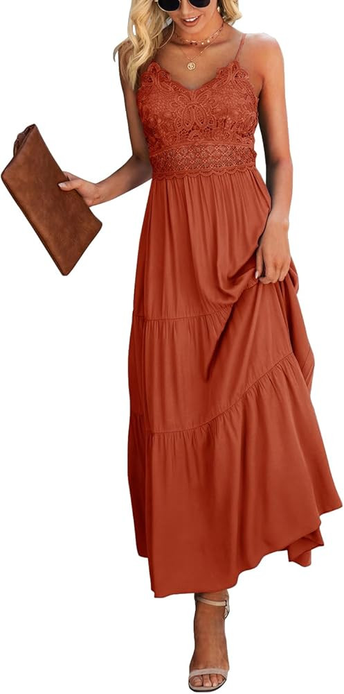 Dokuritu Women's Beach Crochet Lace Maxi Dress Solid Color Summer Vacation Spaghetti Strap Long D... | Amazon (US)