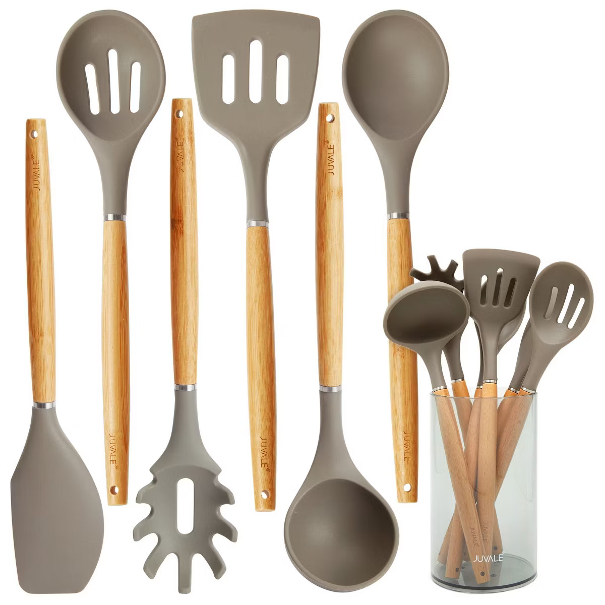 Juvale 7-Piece Silicone and Bamboo Wood Kitchen Utensil Set with Holder, Ladle, Slotted Turner, S... | Target