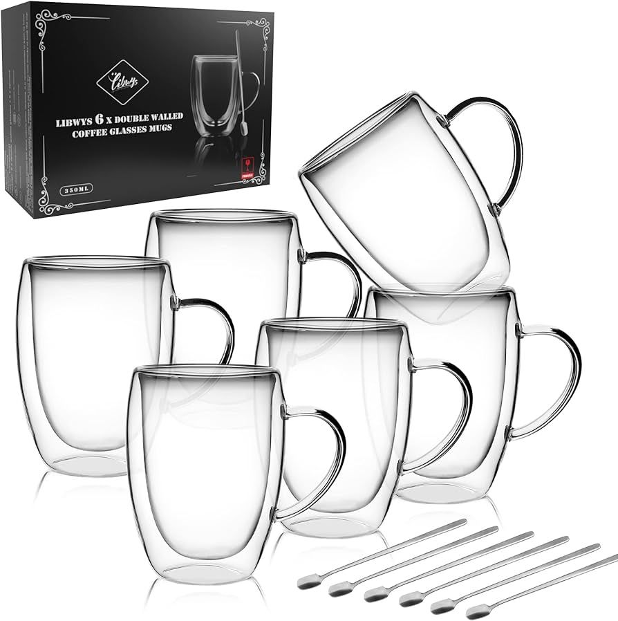 LIBWYS 6 Pack Double Walled Coffee Cups Glasses Mugs, 12oz Espresso Cappuccino Latte Tea Cups wit... | Amazon (US)