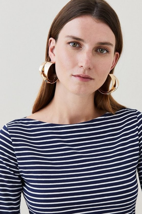 Cotton Stripe Slash Neck 3/4 Sleeve Top | Karen Millen US