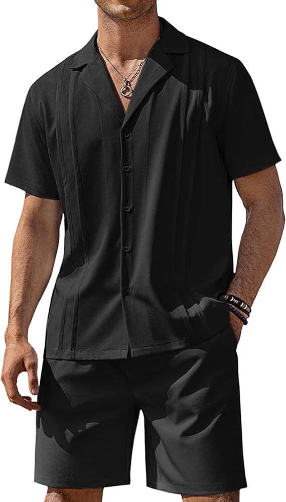 COOFANDY Mens 2 Piece Short Set Guayabera Button Down Shirt Casual Summer Beach Outfits | Amazon (US)