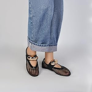 DOEYG Mesh Ballet Flats for Women Buckle Strap Comfy Casual Office Fishnet Ballerina Flat Shoes | Amazon (US)