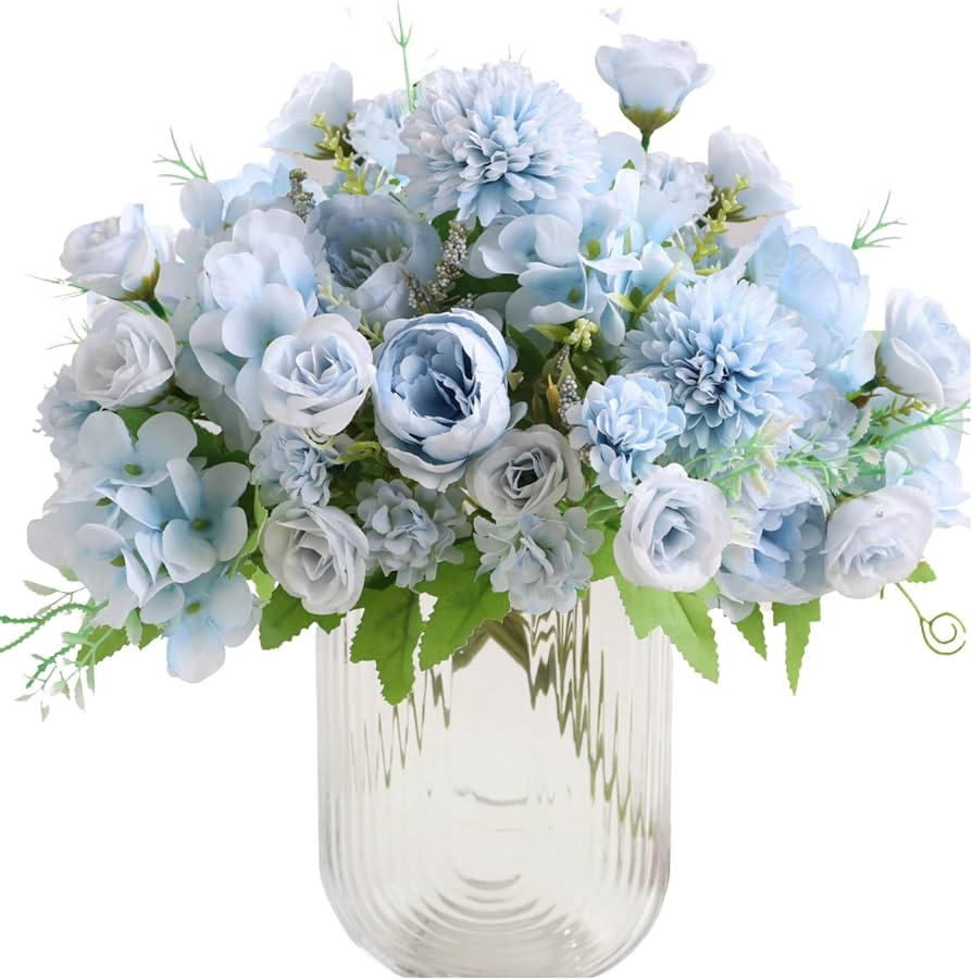 ASTRYAS Artificial Flowers, Fake Peony Silk Peonies Bouquet Decor Blue Faux Flower Arrangements f... | Amazon (US)