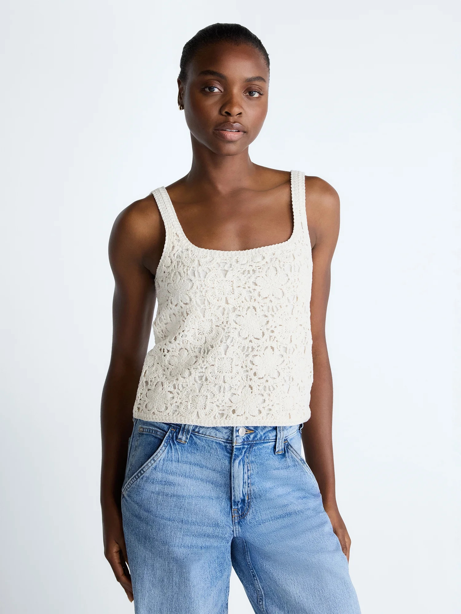 Scoop Women's Square Neck Crochet Cotton Tank Top, Sizes XS-XXL | Walmart (US)