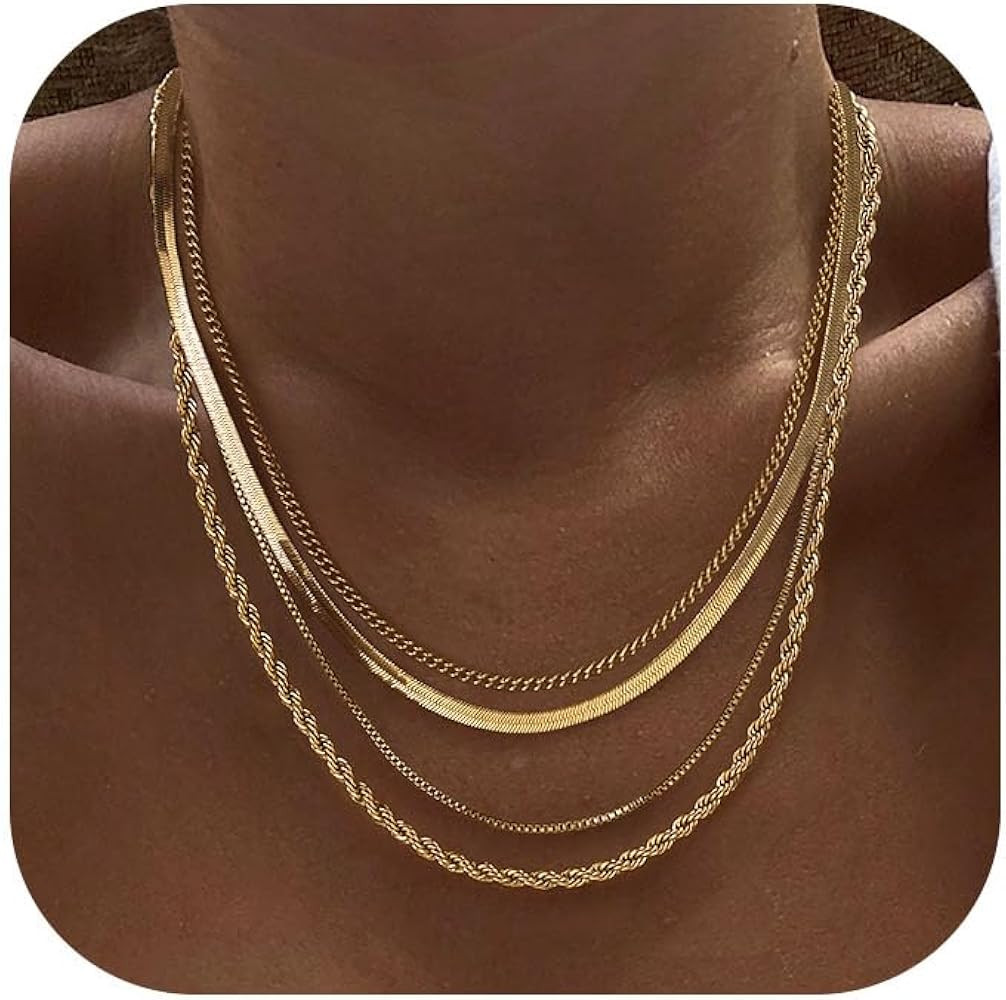 Tewiky Layered Necklaces for Women Non Tarnish- Chunky 14k Gold Plated Herringbone/Snake/Rope/Box... | Amazon (US)