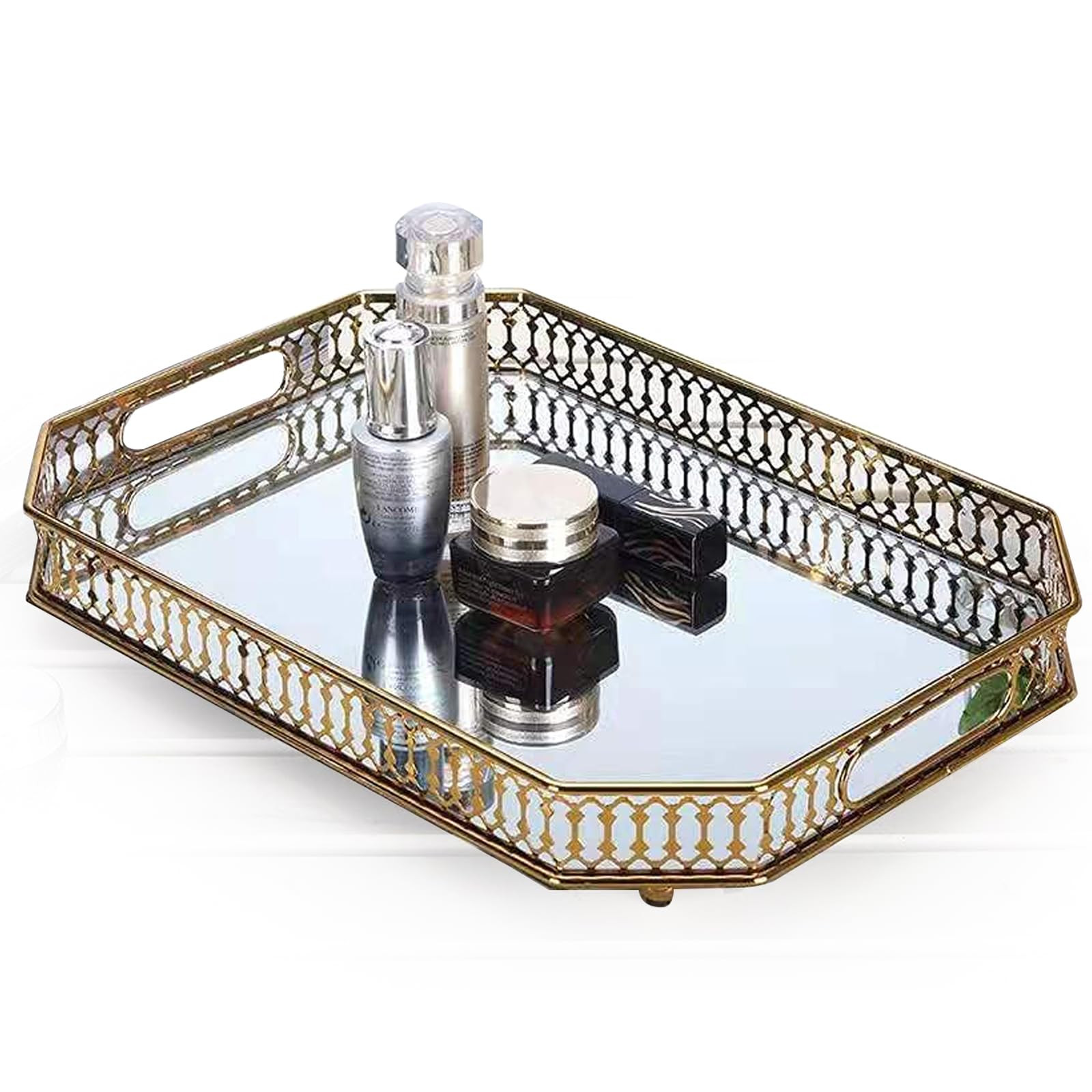 Vintage Gold Mirrored Vanity Tray – Decorative Perfume and Makeup Organizer with Handles for Dresser, Bathroom or Jewelry Display, Large Size 13.8" X 9.6" X2.2" | Amazon (US)