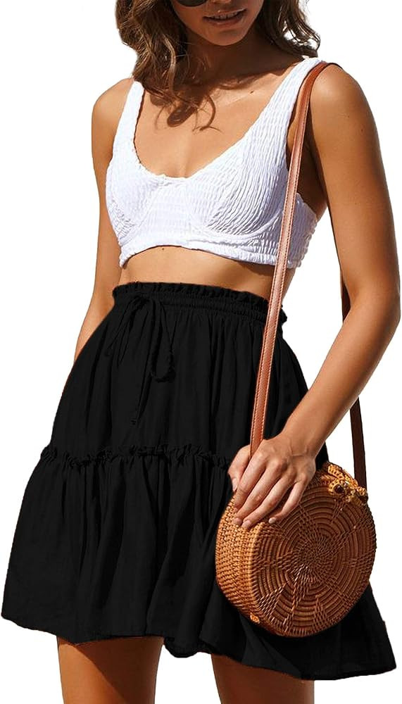 Relipop Women's Floral Flared Short Skirt Polka Dot Pleated Mini Skater Skirt with Drawstring | Amazon (US)