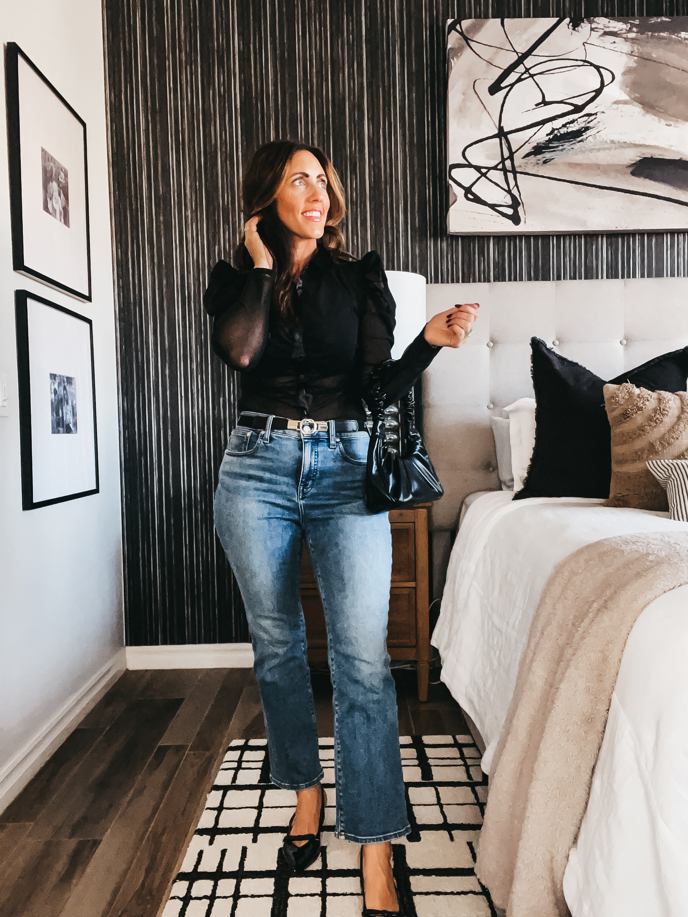 Black mesh blouse with satin collar (size small)
Kick flare jeans (sized up one to a 28)

Date night outfit, girls night style 

#LTKFindsUnder50 #LTKStyleTip #LTKHoliday