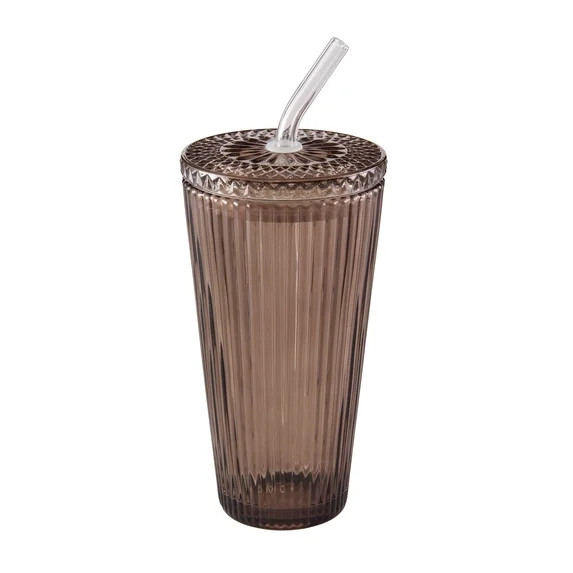 Better Homes & Gardens  21oz Tumbler Brown Glass Ribbed with Glass Lid and Straw | Walmart (US)