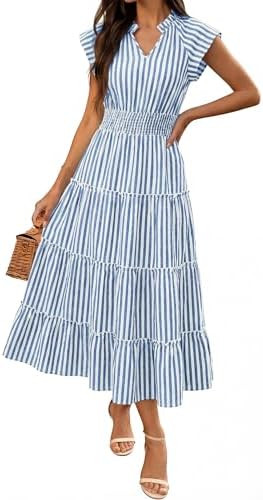 Caracilia Womens Summer V Neck Cap Sleeve Maxi Dress Gingham Striped Smocked Waist Tiered Flowy C... | Amazon (US)