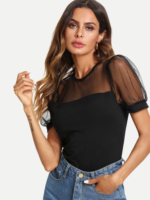 Mesh Yoke Puff Sleeve Fitted Tee | SHEIN