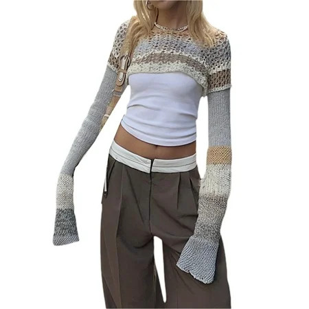 wybzd Women Y2k Shrug Long Sleeve Crop Tops Hollow Out Open Front Knitted Crochet Bolero Shrug Cover | Walmart (US)