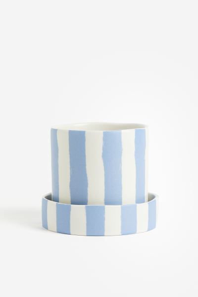 Patterned Plant Pot and Saucer - Light blue/striped - Home All | H&M US | H&M (US + CA)