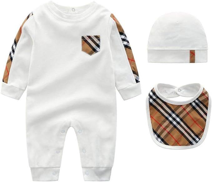 Newborn Baby Cotton Romper Bodysuit One Piece Jumpsuit with Hat and Bib Set | Amazon (US)