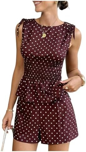 GORGLITTER Women's Polka Dots Matching Sets Sleeveless Smocked Peplum Tops and Wide Leg Shorts Su... | Amazon (US)