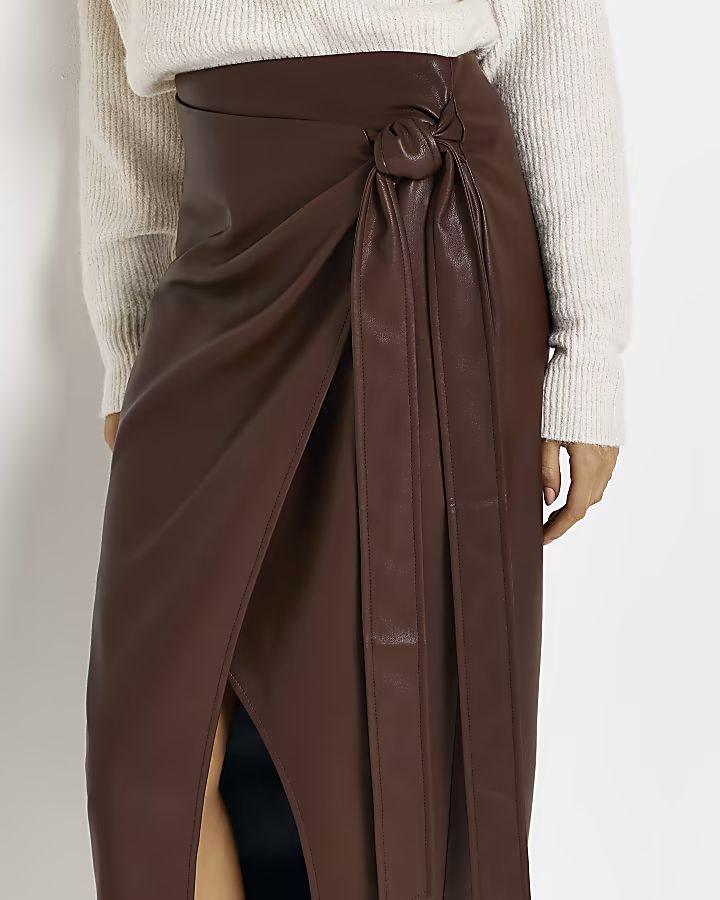 Brown faux leather wrap midi skirt | River Island (UK & IE)