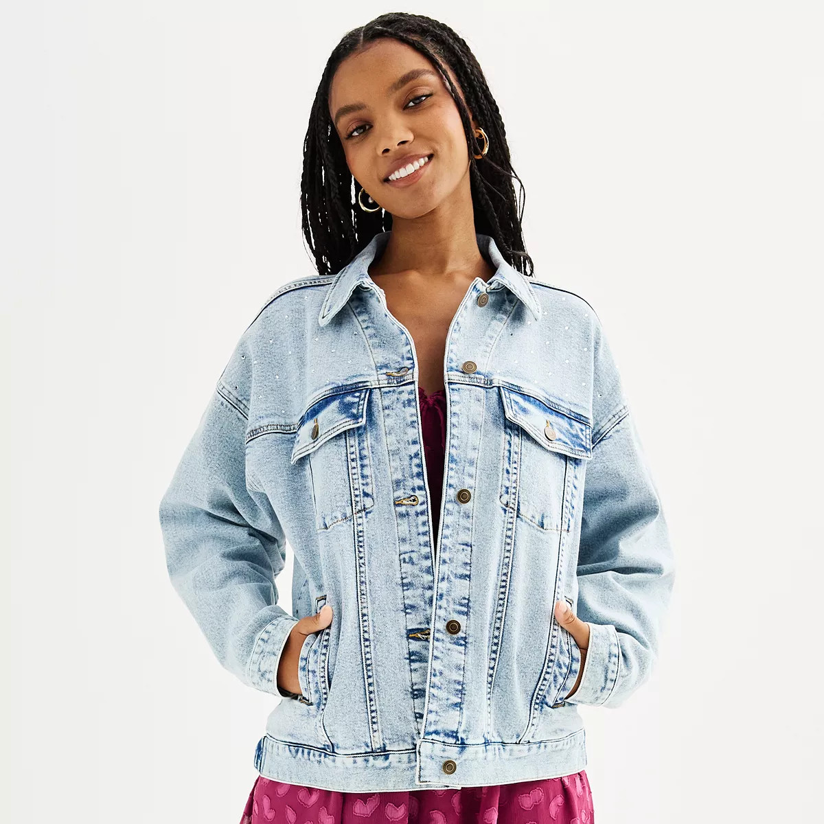 Juniors' SO® Oversized Rhinestone Denim Jacket | Kohl's
