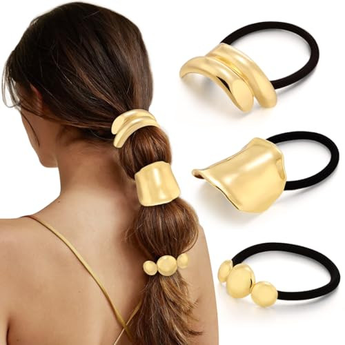 3PCS Gold Hair Ties for Thick Hair - Metal Ponytail Cuff Elastic No Damage Hair Accessories for Women - Geometric Valentine's Day Holiday Gifts | Amazon (US)