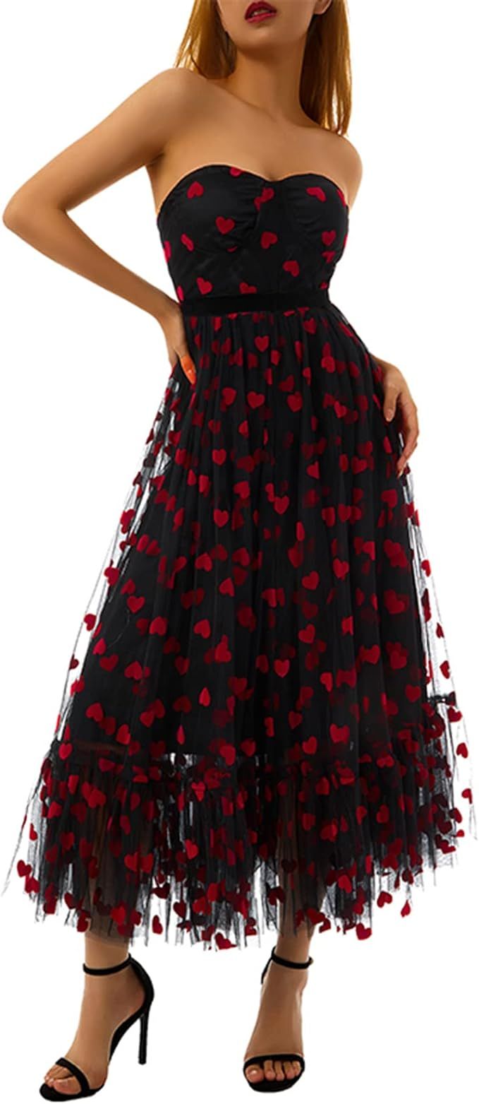 Women Love Heart Tulle Dress Sexy Off Shoulder Long Dress Layered Puffy Tube Dress Valentine's Da... | Amazon (US)