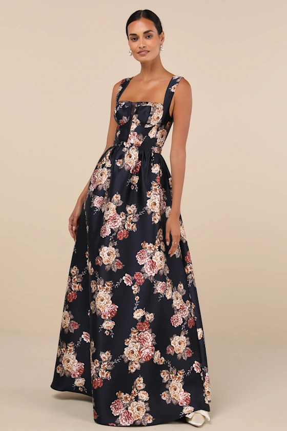 Elegant Pick Navy Blue Floral Sleeveless Bustier Maxi Dress, Lulus Wedding Style, Wedding Fashion,  | Lulus