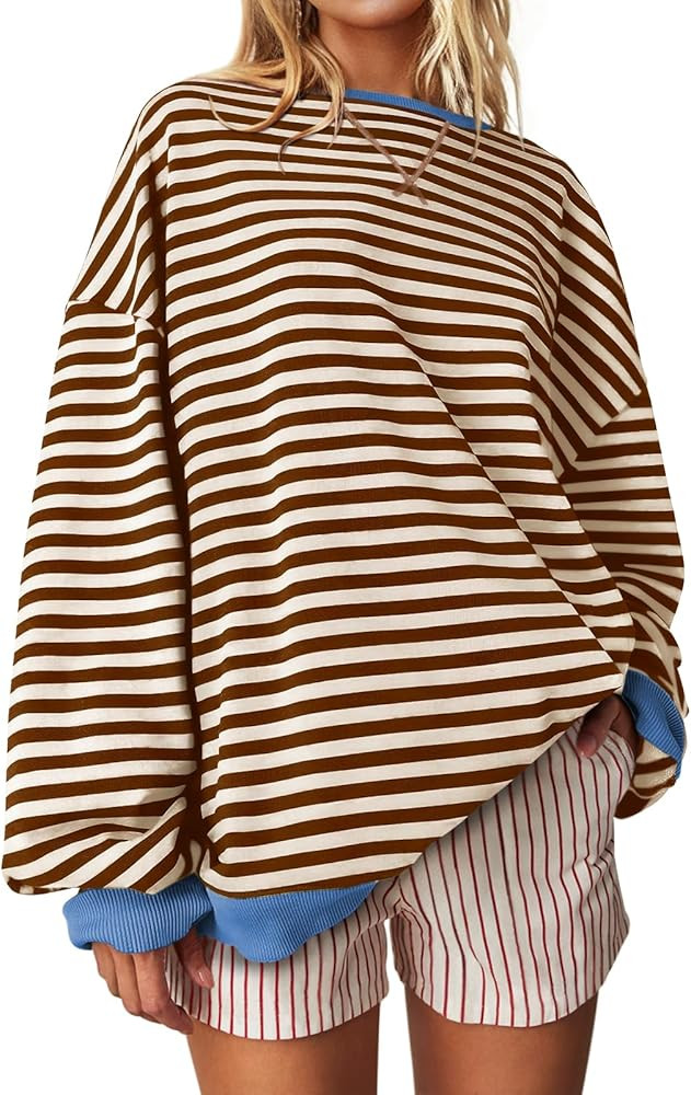 UEU Women Oversized Striped Crewneck Sweatshirt Long Sleeve Color Block Pullover Tops Casual Loos... | Amazon (US)