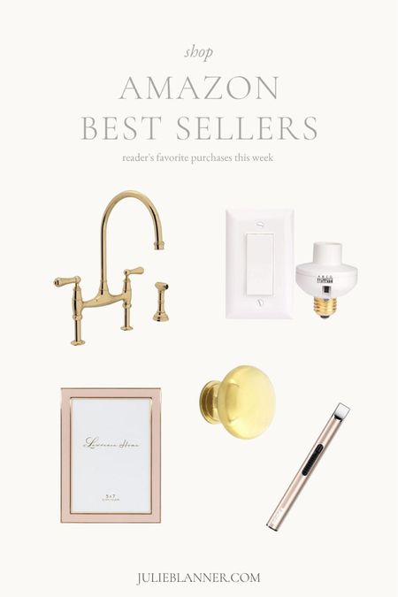 Amazon best sellers this week: brass kitchen faucet, gold and pink picture frame, cabinet brass knob, electric candle lighter, and remote control light switch.

#LTKhome #LTKstyletip