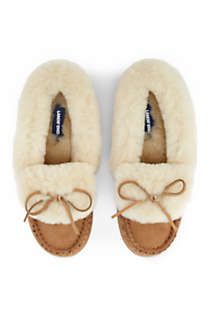 Women's Suede Leather Shearling Fur Moccasin Slippers | Lands' End (US)